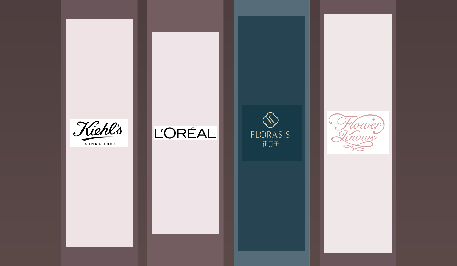 Selected project collage featuring Research Project, Kiehl's, L'Oréal, Florasis, and Flower Knows