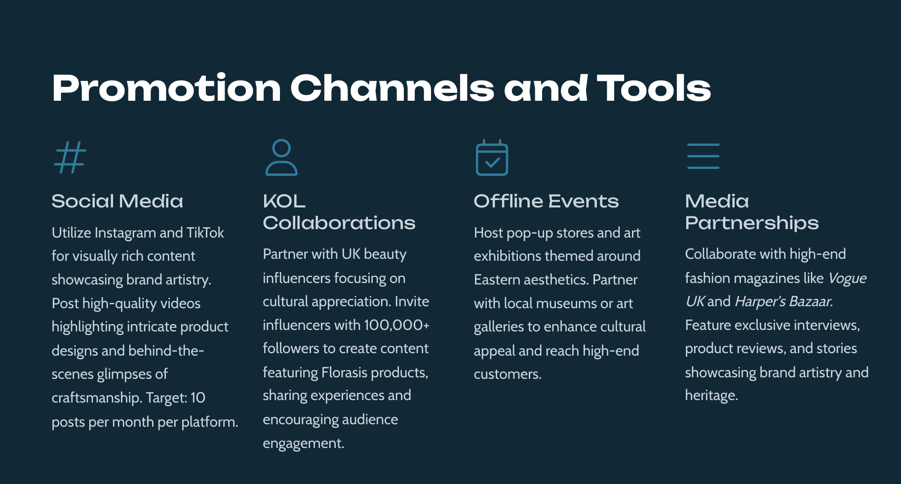 Promotion channels and tools slide from the Florasis plan showing social media, KOL collaborations, offline events, and media partnerships